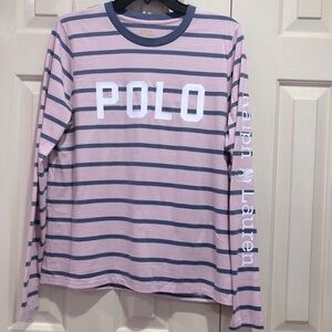 Polo Ralph Lauren Pink Blue Striped POLO Logo Long Sleeve Tee Size L